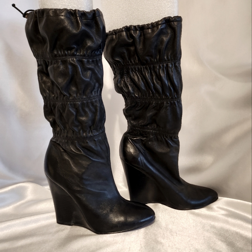 Jessica Simpson "Fisper" Soft Black Leather Tall Wedge Boot